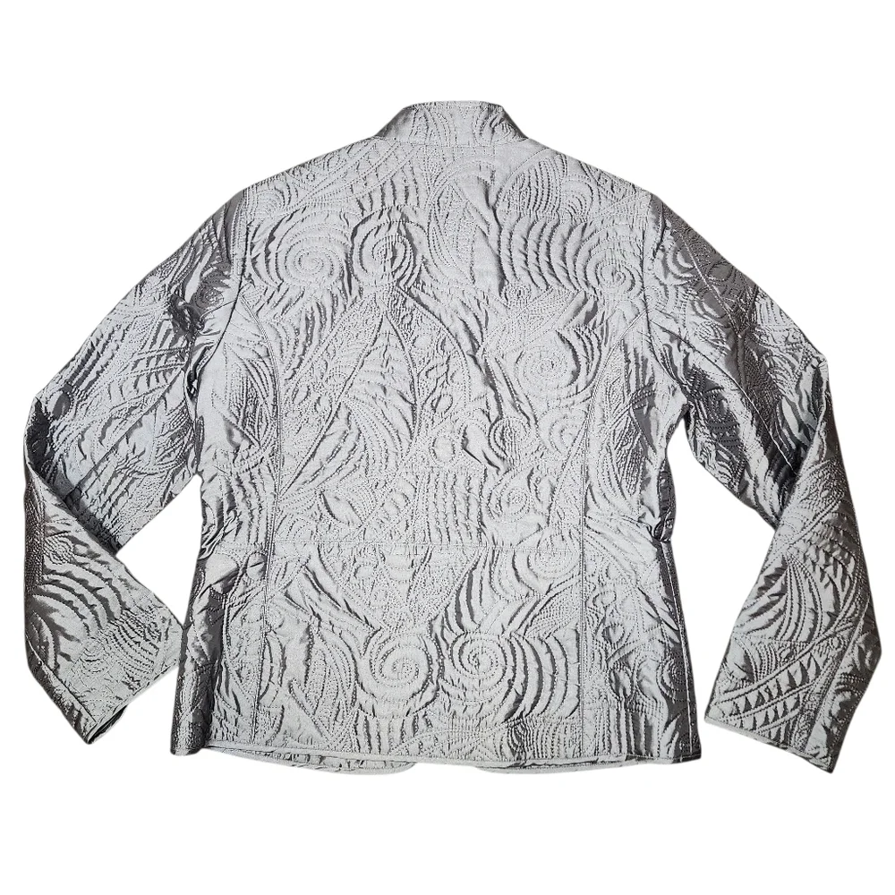 Chico's Silver Metallic Quilted‎ Embroidered Lightweight Jacket Blazer Elegant M